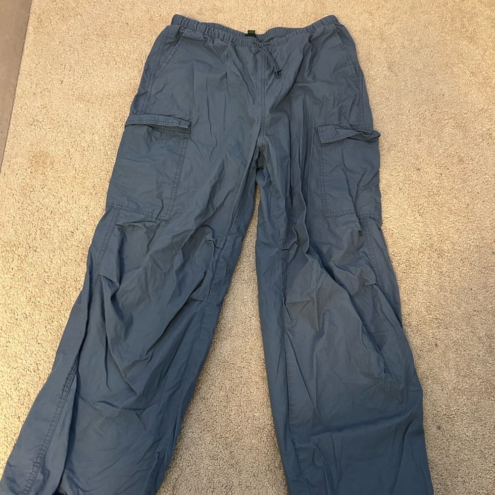 Blue cargo pants with adjustable waist